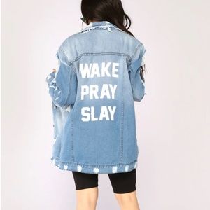 Fashion Nova Wake Pray Slay Denim Jean Jacket (Size SMALL)